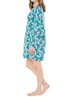 Chemise De Nuit en coton verte imprimée coupe droite avec un col rond et 5 boutons blancs pour la fermeture du col