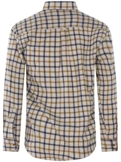 Chemise en coton beige à carreaux avec une coupe droite et un col américain