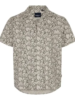 Chemise en coton beige coupe droite à col cubain avec imprimé feuilles