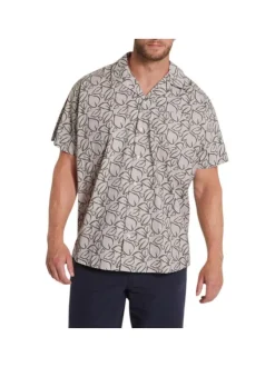 Chemise en coton beige coupe droite à col cubain avec imprimé feuilles