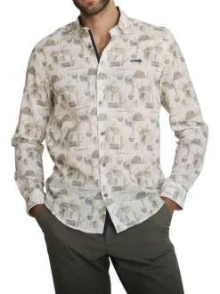 Chemise en coton beige à coupe droite ornée d'un motif géométrique