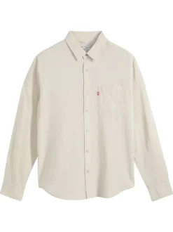 Chemise en coton beige à coupe droite pourvue d'un col à revers