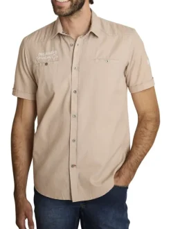 Chemise en coton beige à coupe droite pourvue d'un col à revers