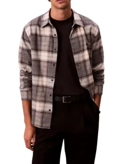 Chemise en coton beige et marron à carreaux avec des manches longues