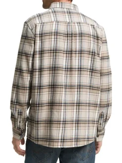 Chemise en coton beige à motif écossais pourvue d'une boutonnière