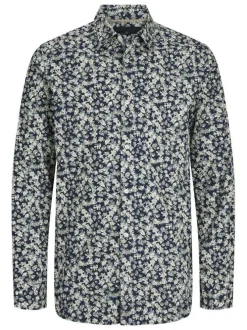 Chemise en coton beige à motifs liberty avec une coupe droite et col français