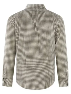 Chemise en coton beige orné d'un motif à carreaux avec un col à rabats