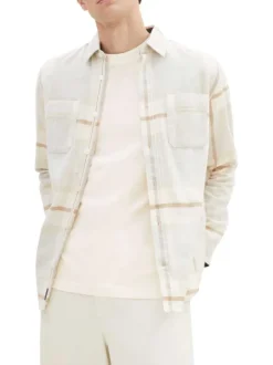 Chemise en coton beige tartan coupe regular col français et poches poitrines