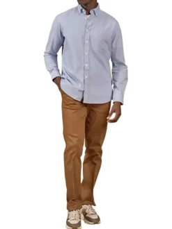 Chemise en coton biologique bleu à motif pied de poule et à coupe droite