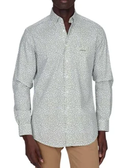 Chemise en coton biologique kaki à petites feuilles et col américain