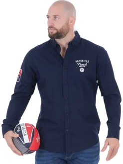 Chemise en coton biologique marine unie à coupe ajustée avec un col boutonné