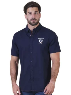 Chemise en coton biologique marine unie pourvue d'un col américain