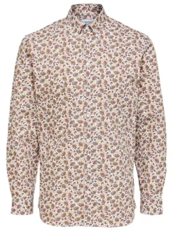 Chemise en coton biologique mélangé blanche imprimé cachemire à coupe slim