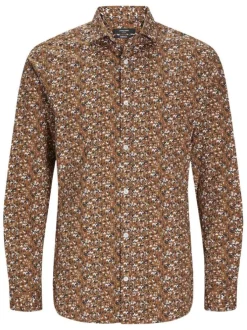 Chemise en coton biologique mélangé camel fleurie à coupe droite et col français