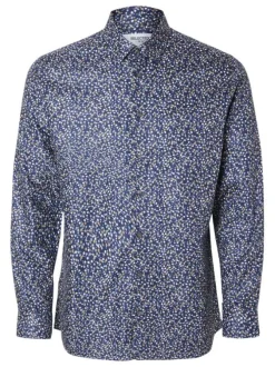 Chemise en coton biologique mélangé marine moucheté coupe droite col français