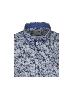 Chemise en coton blanche avec un imprimé en forme de rond bleu, beige et rouge