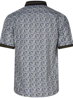 Chemise en coton blanche imprimée en forme géométrique bleue, marron et beige