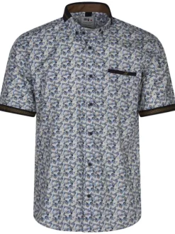 Chemise en coton blanche imprimée en forme géométrique bleue, marron et beige