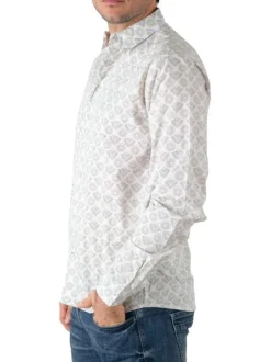 Chemise en coton blanche imprimé éventail à coupe droite et col italien