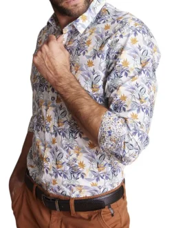 Chemise en coton blanche à imprimé violet et orange avec une coupe regular fit