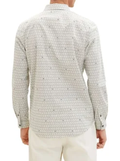 Chemise en coton blanc imprimé géométrique avec col français et coupe droite