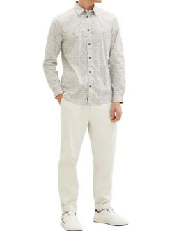 Chemise en coton blanc imprimé géométrique avec col français et coupe droite