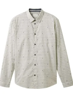 Chemise en coton blanc imprimé géométrique avec col français et coupe droite