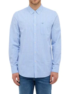 Chemise en coton bleu ciel ornée d'un motif à petits carreaux