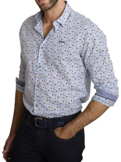 Chemise en coton bleu à coupe droite ornée d'un motif floral tricolore