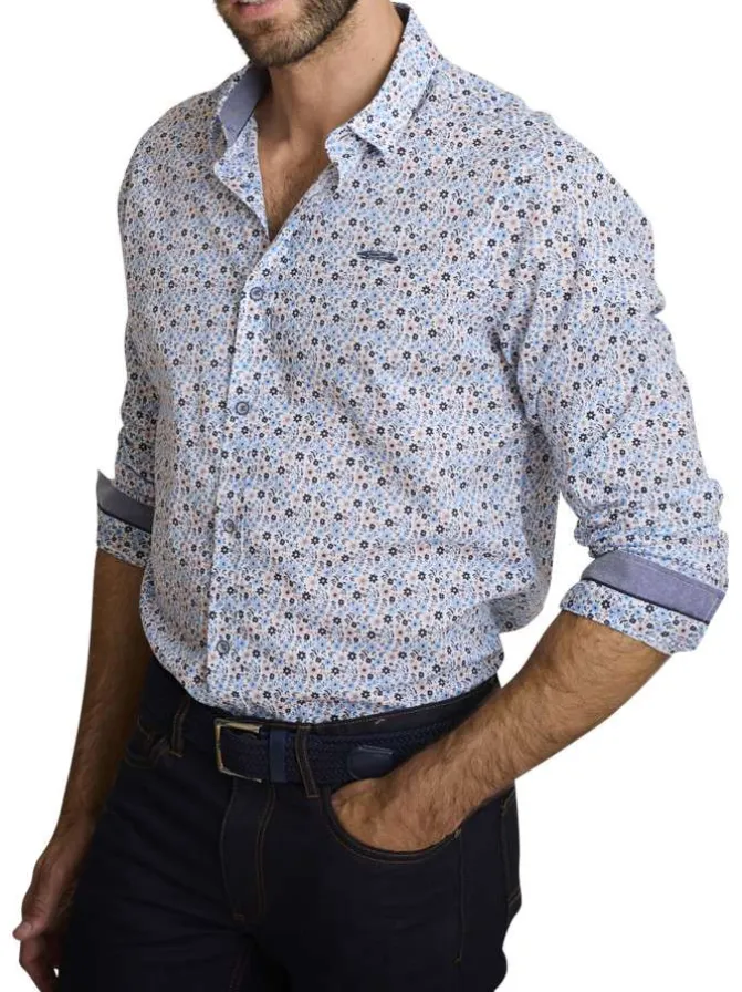Chemise en coton bleu à coupe droite ornée d'un motif floral tricolore