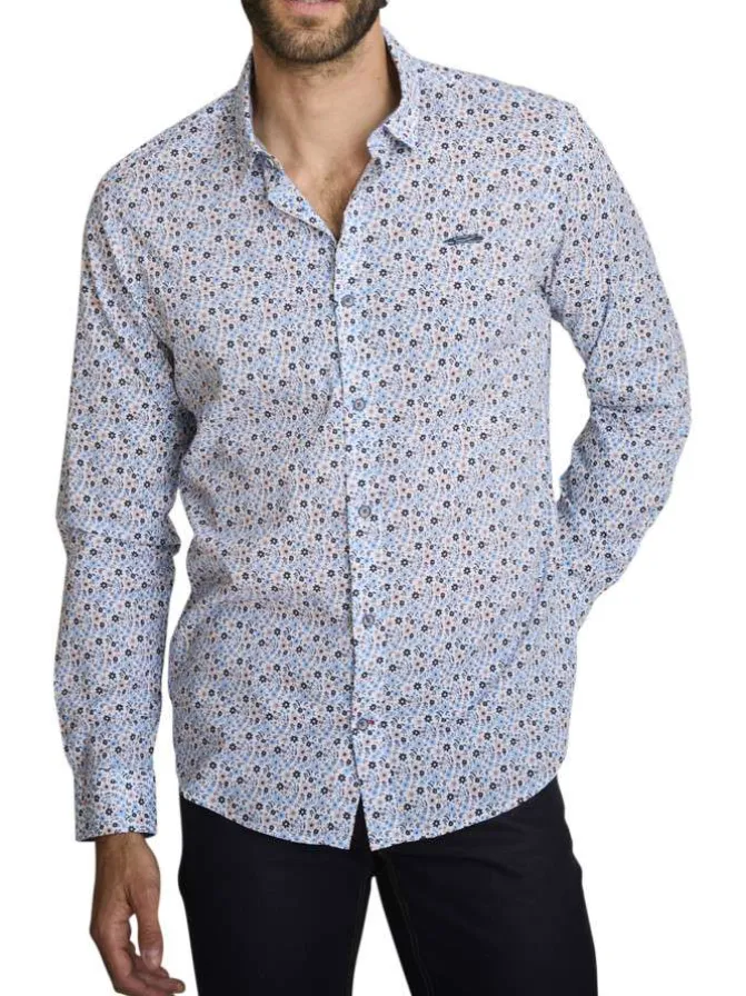 Chemise en coton bleu à coupe droite ornée d'un motif floral tricolore