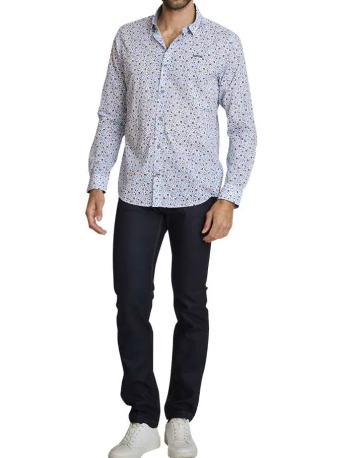 Chemise en coton bleu à coupe droite ornée d'un motif floral tricolore