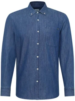 Chemise en coton bleue brut aspect denim à coupe slim fit et à col américain