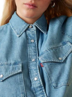 Chemise en coton bleue à coupe ajustée pourvue d'un col à revers