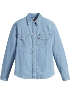 Chemise en coton bleue à coupe ajustée pourvue d'un col à revers