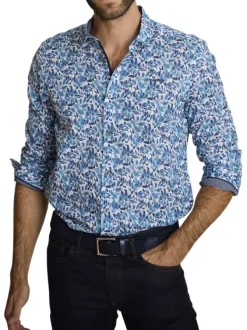 Chemise en coton bleue à coupe droite ornée d'un motif végétal