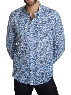 Chemise en coton bleue à coupe droite ornée d'un motif végétal
