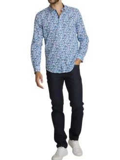 Chemise en coton bleue à coupe droite ornée d'un motif végétal