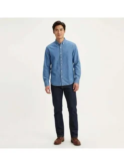 Chemise en coton bleue à coupe droite pourvue d'une col boutonné