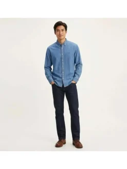 Chemise en coton bleue à coupe droite pourvue d'une col boutonné
