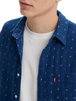 Chemise en coton bleue imprimé avec une coupe regular fit et un col français