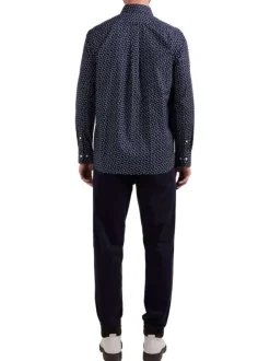 Chemise en coton bleue marine imprimée à col américain et à manches longues