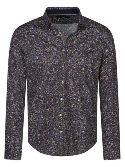 Chemise en coton bleue marine à petites fleurs avec une coupe slim et une poche