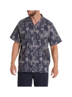 Chemise en coton bleue marine tropicale avec col cubain et manches courtes