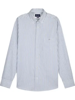 Chemise en coton bleue à rayures avec une coupe droite et un col à revers
