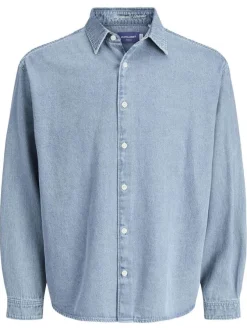 Chemise en coton bleue unie à coupe droite pourvue d'un col à revers