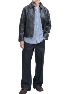 Chemise en coton bleue unie à coupe droite pourvue d'un col à revers