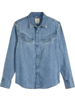 Chemise en coton bleue unie coupe regular pourvue d'un col à rabats