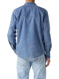 Chemise en coton bleue unie coupe regular pourvue d'un col à rabats