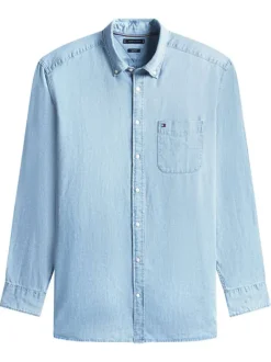 Chemise en coton bleue unie pourvue d'une coupe droite et d'un col américain